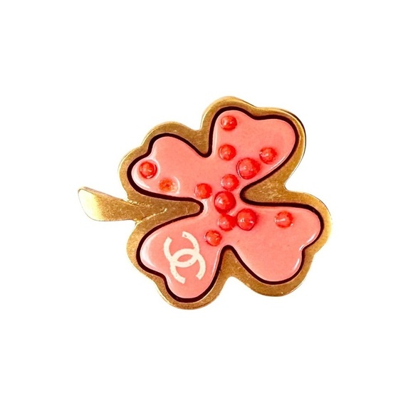 Authentic CHANEL Pink & Gold Four Leaf Clover Shamrock Lucky Charm Brooch Pin - Picture 2 of 10
